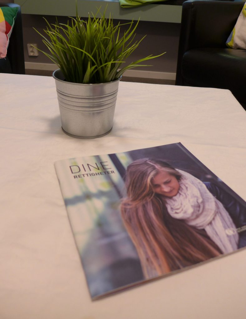 Brosjyre med bilde av kvinne på et bord med potteplante