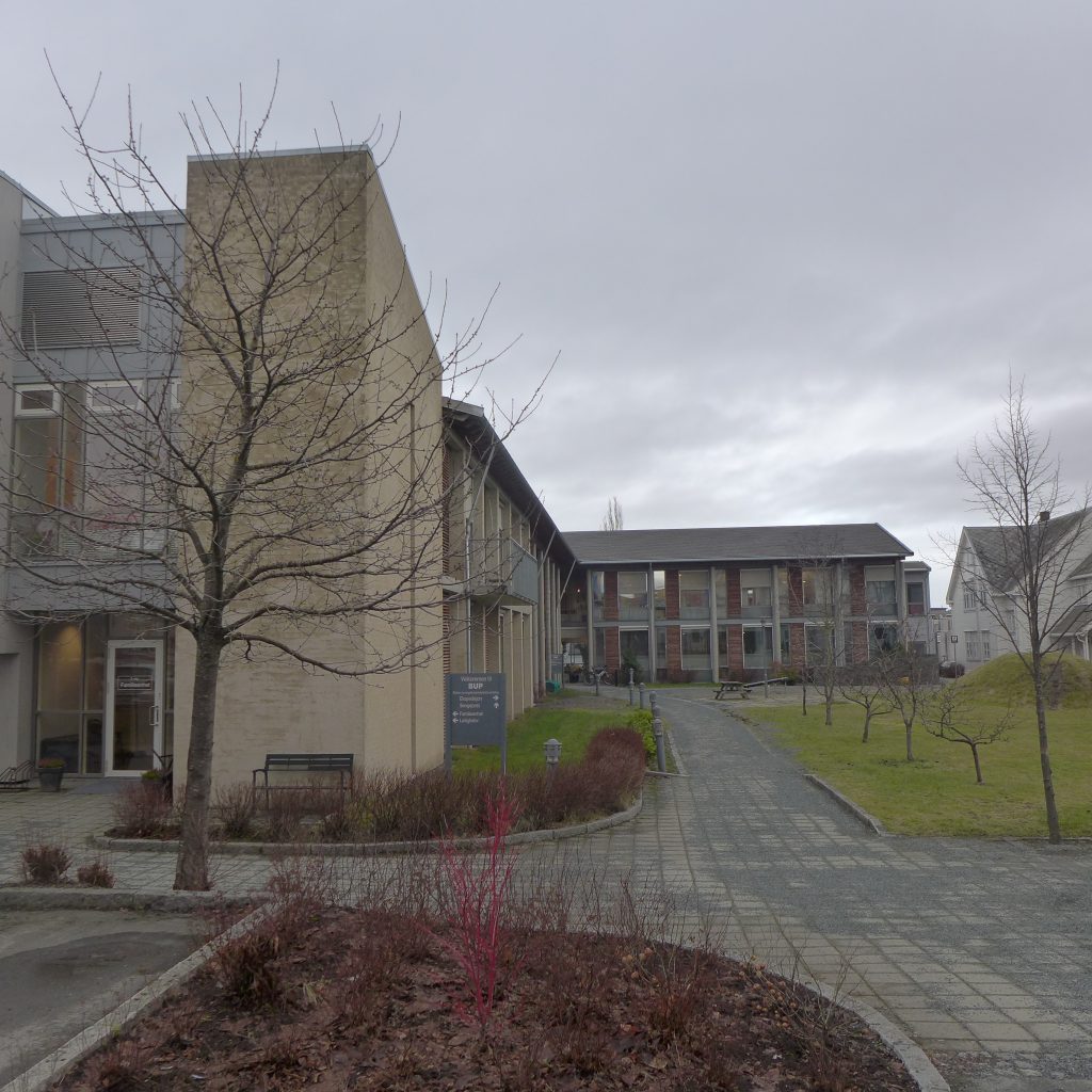 Grå bygning vei og grøntområder