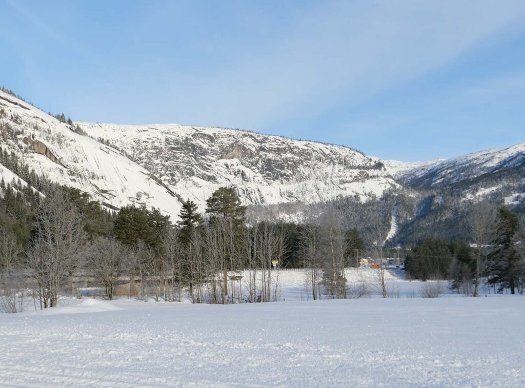 Landskap med snø, trær og fjell - og blå himmel.