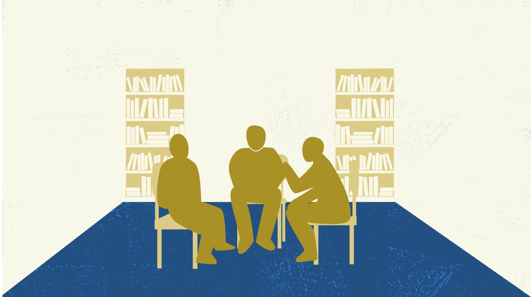 Tegning av tre personer som sitter på stoler i et fengselsbibliotek og kommuniserer.