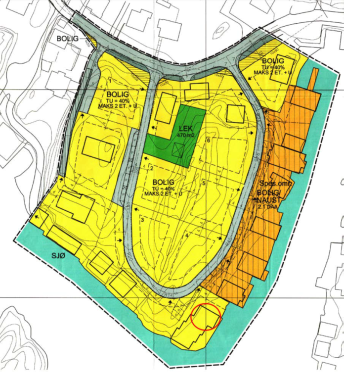 Plankart for reguleringsplanen for Haganeset på Kvitsøy. Skraveringer med gult grønt og oransje, og markeringer med skrift som sier bolig, sjø, verneområde og lek.