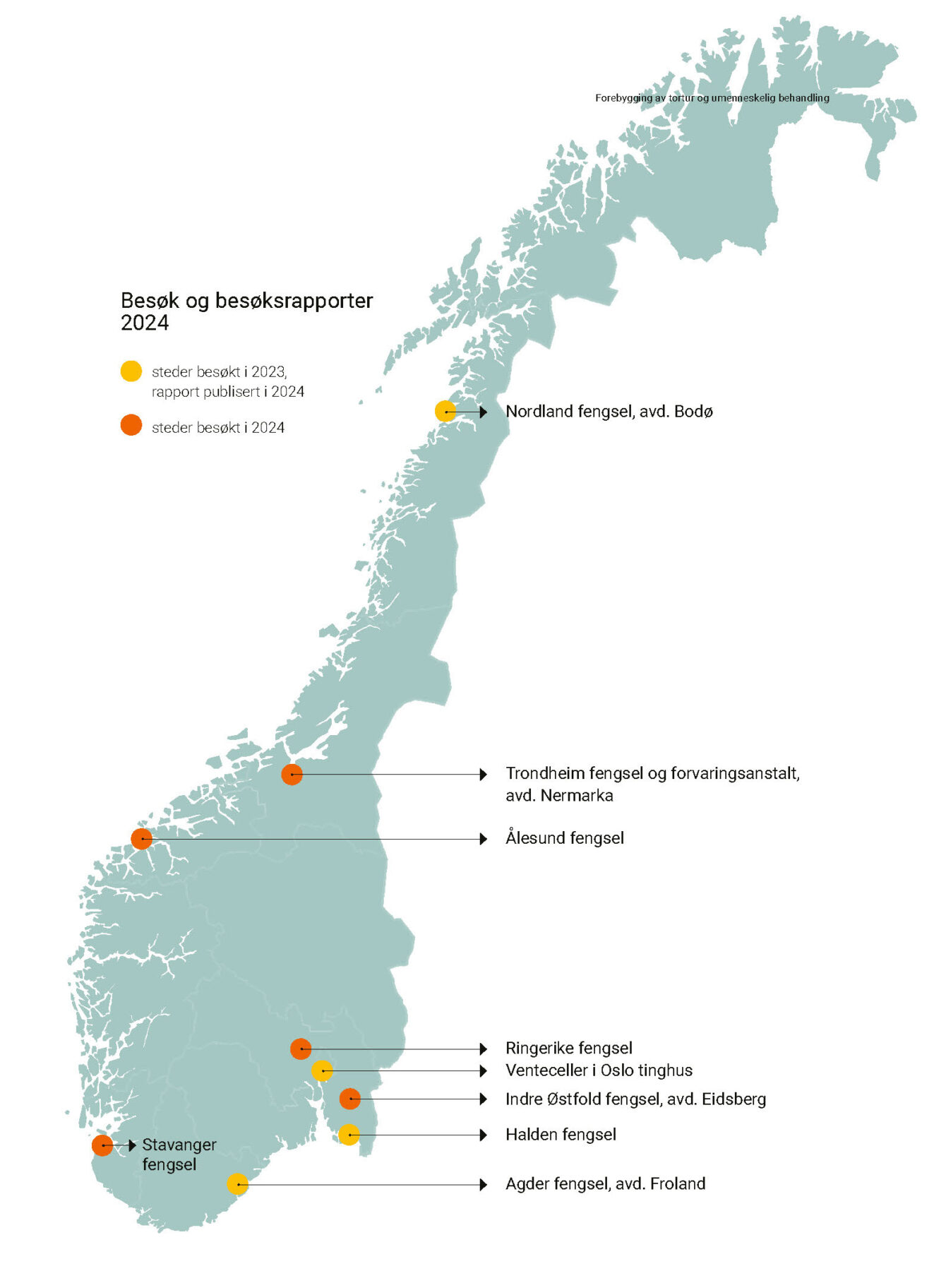 Norgeskart som viser steder som er besøkt av sivilombudet